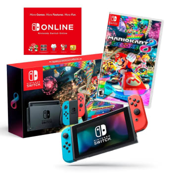 Console Nintendo Switch + Joy-Con Neon + Mario Kart 8 Deluxe + 3 Meses de Assinatura Nintendo Switch Online, Azul e Vermelho