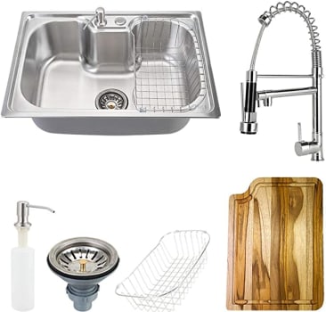 Pingoo.Casa, Kit Cuba para Cozinha com Acessórios e Tábua de Corte, Gourmet, Aço Inox, Carajás e Torneira Misturador Monocomando, Munim, Prata