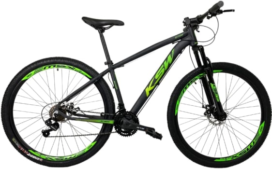 Bicicleta Aro 29 KSW Câmbios Shimano 24V Freio Hidraulico, Tamanhos 19 e 21 (Preto/Verde)