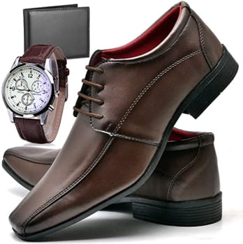 Sapato Social Com Relógio Carteira e Cadarço Masculino Top Flex R804DB