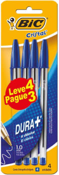 4 Pacotes Caneta Esferográfica BIC Cristal Dura Mais Clássica Ponta Média de 1.0mm - 4 Unidades