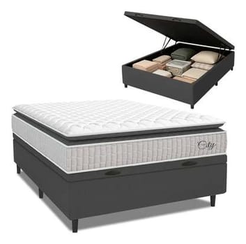Cama Box Baú Colchão Casal Molas Ensacadas City Pillow Top 138x188x64cm Branco e Cinza Hellen Suporta até 110kg por Pessoa