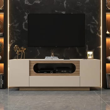 Rack Para Tv Até 60 Polegadas Off White Amadeirado Nicho Curvo Design Moderno Sala De Estar
