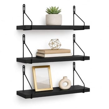 Kit 3 Prateleiras de Parede com Suporte Aramado,Pinus ou MDF, Decorativa, livros e Vasos, Ideais para Quarto, Sala e Cozinha, Banheiro (Preto/Preto