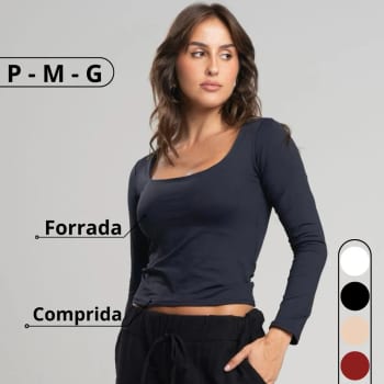 Blusa Feminina Básica Manga Longa Decote Quadrado Moda