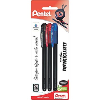 Pentel Caneta Energel Makkuro 0.7mm Kit 3 Cores Azul Preto Vermelho
