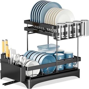 Escorredor de Louça Inox 2 Camadas com Suporte para Talheres, Copos, Facas, Tábuas e Bandeja, Organizador de Cozinha Suspenso, Prateleira com Drenagem