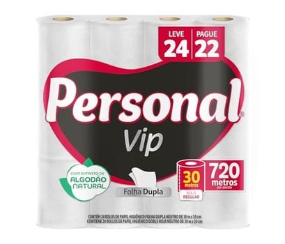 Personal VIP - Papel Higiênico Folha Dupla, Branco 24 unidades (Embalagem pode variar)