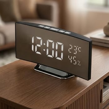 Relógio Digital Despertador Led Display Curvado Espelhado com Alarme Mesa de Quarto Cabeçeira Temperatura Umidade 24 ou 12h à Pilha ou à Energia