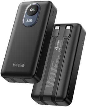 Basike Power Bank 20000mAh, Carregador Portátil, 2 Cabos Integrados (Preto)