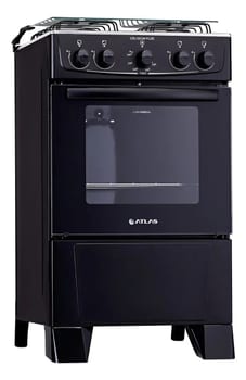 Fogão 4 Bocas Atlas Coliseum Plus Preto A Gás com Mesa de Inox e Forno de 50 Litros Acendimento Manual