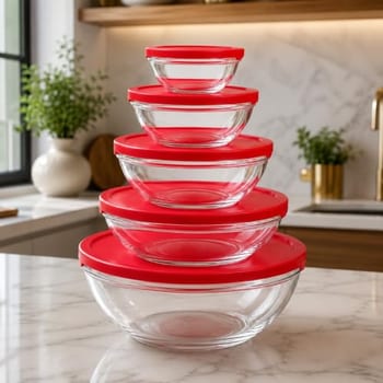 Kit com 5 Bowls de Vidro Herméticos Premium 140ml a 930ml | Tampas com Vedação Segura Vermelhas | Alta Resistência e Versatilidade | Ideal para