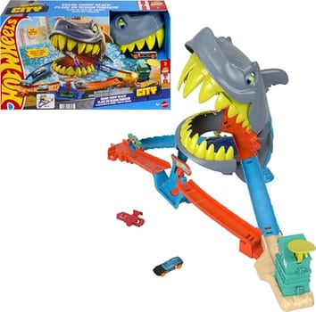 Kit Pista Hot Wheels City Tubarão Mattel. Pista com lançador e loop aquático que desafia o ataque do tubarão. Para crianças a partir de 4 anos.