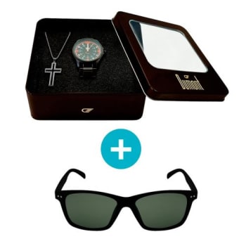 Kit Promocional: Relógio Dumont Masculino Analógico, Caixa 4,4cm, Preto, Metal + Brinde: Crucifixo - Modelo Du2035Mni/K4L + Óculos de Sol, UV, vinho