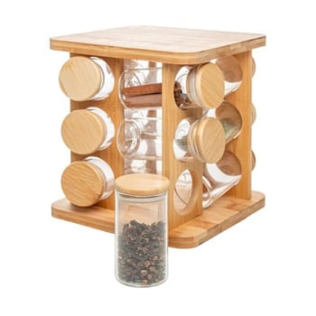 WOLFF - Conjunto 12 Potes em Borossilicato com Tampa Hermética e Rack Giratório em Bambu 120ml - Porta temperos com suporte