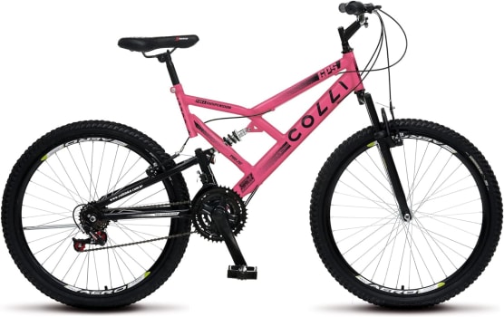 Bicicleta GPS 148 Dupla Suspensão e Freios V-Brake, Aro 26 Aero, 36 Raias, 21 Marchas - Colli Bike (Rosa Neon)