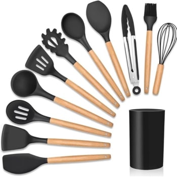 Conjunto Utensílios Cozinha em Silicone Cabo de Madeira Kit 12 Peças Leve Premium Antiaderente Espátula Duráveis Confeitar Organizar Cozinhar Resistentes Altas Temperaturas Colher Concha Design