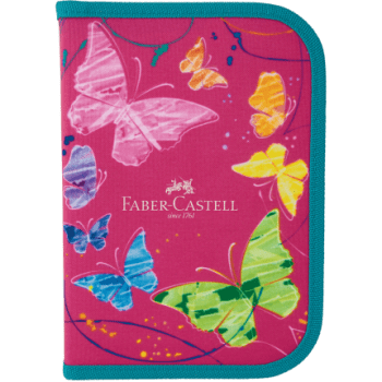 Estojo Escolar De Nylon Faber Castell Borboleta Rosa 12 Cores + Kit (Cód: 9866499)