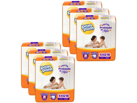 Kit Fralda Pom Pom Protek Proteção de Mãe Jumbo - Tam. XXG 14 a 18kg 6 Pacotes com 18 Unidades Cada - Fralda Descartável - Magazine {{route.pmdStoreName}}