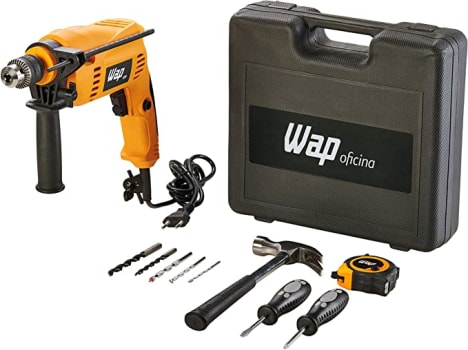 Furadeira Elétrica de Impacto WAP EFI 600K10 600W Mandril 3/8” 127V Maleta e Acessórios Trena Chaves Martelo Brocas, Amarelo com Preto