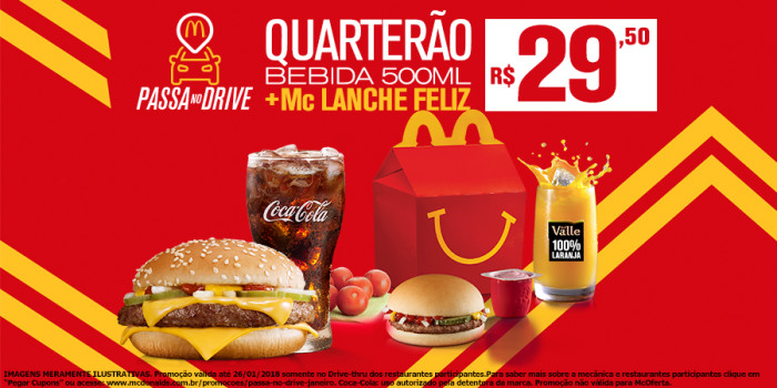 Cupom McDonalds - Quarterão + Bebida 500ml + McLanche Feliz R$29,50