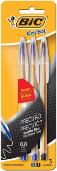 Caneta Esferográfica BIC Cristal Precisão Ponta Fina de 0.8mm 3 Unidades Corpo Hexagonal - 835239