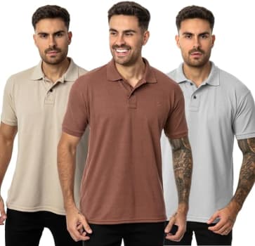 Kit 3 Camisas Polo Masculina, Tamanhos P, M e G (Disponível Em 2 Cores)