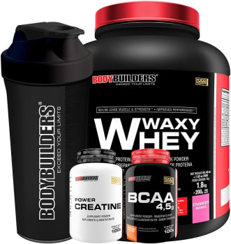 Kit Waxy Whey 2kg + BCAA 4,5 100g + Power Creatina 100g + Coqueteleira – Bodybuilders (Morango)