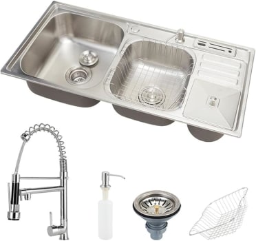 Pingoo.casa Kit Cuba para Cozinha Pia Dupla Nukini em Aço Inox 201 com Acessórios e Lixeira e Torneira Gourmet Misturador Monocomando Munim em Metal