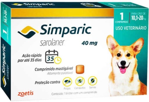  Simparic 40mg, 10,1 até 20kg, 1Cp Zoetis para Cães 