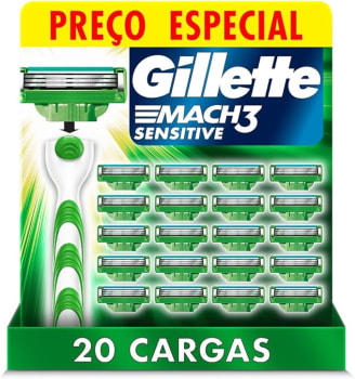 Gillette Mach3 Sensitive Carga para Aparelho de Barbear Recarregável com Aloe Vera, Ideal para Peles Sensíveis, 20 Uds