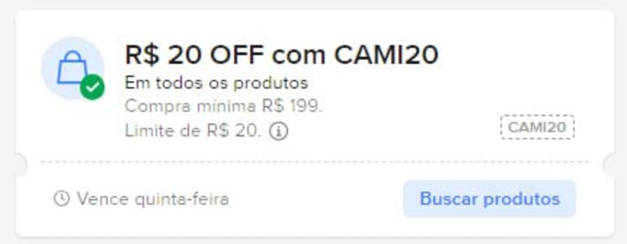 Cupom CAMI20 de R$ 20 de desconto com Compra Mínima de R$ 199 e R$ 20 de desconto máximo!