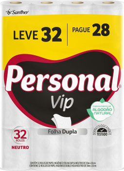 Personal Papel Higiênico VIP Folha Dupla Leve 32 Pague 28 rolos 30M