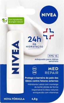 NIVEA Protetor Labial Med Repair FPS15 4,8g - Hidrata e regenera os lábios ressecados e machucados, com Vitamina E e óleos naturais, proporciona repar