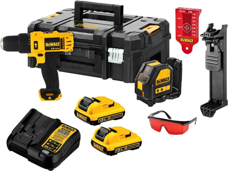 DEWALT Parafusadeira/Furadeira De Impacto Sem Fio A Bateria 12V E Nível Laser Com Acessórios