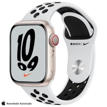 Apple Watch Nike Series 7 (GPS + Cellular, 45mm) - Caixa de Alumínio Estelar - Pulseira Esportiva Ni...