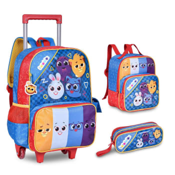 Kit Escolar Infantil Bolofofo Mochila Carrinho, Estojo Dupla Abertura e Lancheira Térmica Com Bolso Frontal