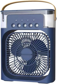 Mini portátil desktop silencioso ar doméstico umidificação ventilador elétrico pequeno ventilador Pode Colocar Gelo 3 velocidades de vento e pulverizador de 5 furos com luz LED de 7 cores (Azul)