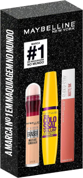 Kit Queridinhos Maybelline NY Batom Líquido Matte ink 65 Seductress + Máscara de Cílios Colossal Lavável + Corretivo Eraser 120 Light