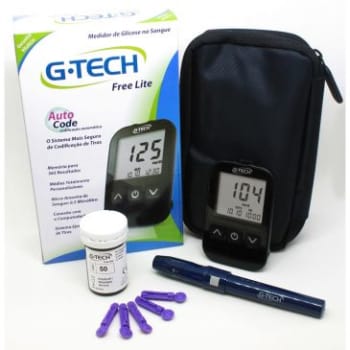 Medidor de Glicose G-TECH FreeLite Auto Code - 360 Memórias, Aviso de Hipoglicemia, Portátil, Dispositivo Ejetorde Tiras, Resultado Preciso e Rápido