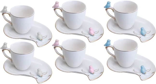 WOLFF Birds Conjunto de 6 Xícaras e 6 Pires para Café, Branco, 90 ml