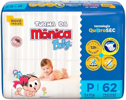 Turma da Monica Baby - Fralda, Azul, Tamanho P, 62 Unidades