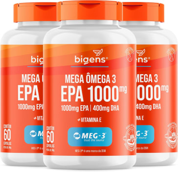 Mega Omega 3, EPA 1000mg - DHA 400mg, Certificado Meg-3, Kit 3 x 60 Cap, Bigens