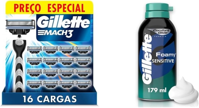 Combo Gillette Mach3 - Carga para Aparelho de Barbear Leve 8 Pague 6 + Espuma de Barbear Gillette Foamy Sensitive 175g