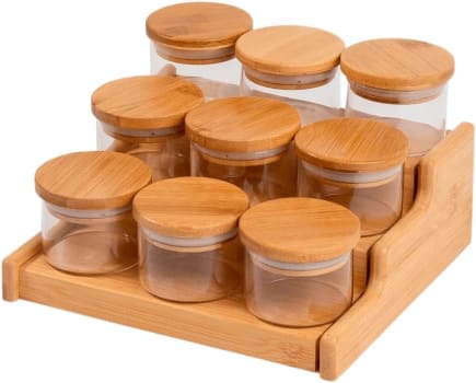 Oikos - Kit 9 Potes Hermético 110ml com Tampa de Bambu e Rack Organizador de Bambu