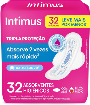 2 Unidades Absorvente Intimus Tripla Proteção Suave com Abas - 32 unidades