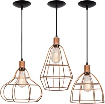 Pendente Trio Aramado Veneza Cobre Luminária Lustre 32Cm Sala