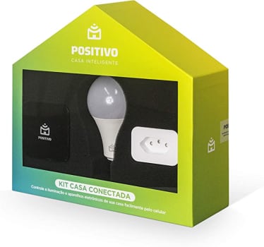 Kit Casa Conectada Positivo Casa Inteligente, sua casa mais inteligente, contém 3 itens (1x Smart Controle Universal, 1x Smart Plug Wi-Fi, 1x Smart Lâ