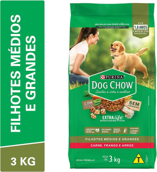 Nestlé Purina Dog Chow para Cães Filhotes Médios e Grandes Sabor Carne Frango e Arroz - Pacote 3kg