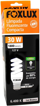 Lâmpada Fluorescente Compacta Foxlux – Tipo Espiral – Luz Branca (6400K) – 30W – 127 V – Base E-27